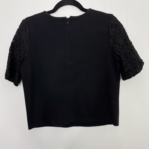 LOFT Lace Sleeve Boxy Fit Top Black Short Sleeve Small S Zip Back Cotton Blend - Picture 2 of 5